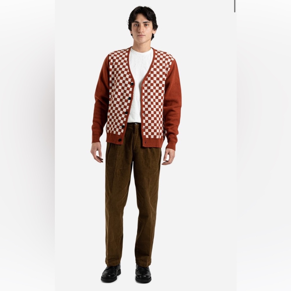 Men's Checkered Cardigan Sweater - Rust and White